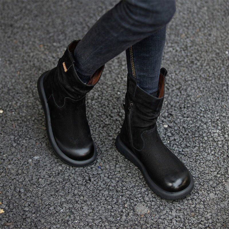 Bottes western mi-mollet en cuir marron/noir pour femme - Bout rond - Talon de 30 mm