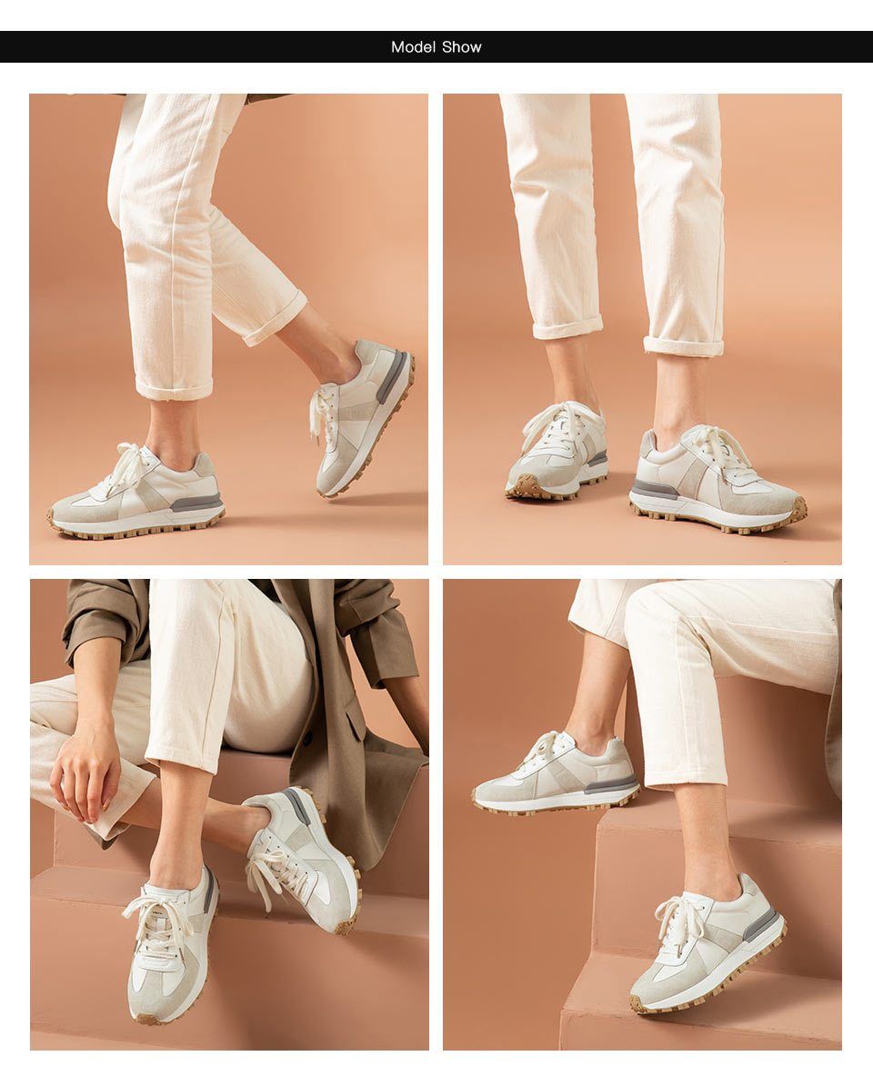 Casual sneakers voor dames van su&egrave;de leer met patchwork in gemengde kleuren, vetersluiting, ronde neus, platformzool, handgemaakte platte schoenen