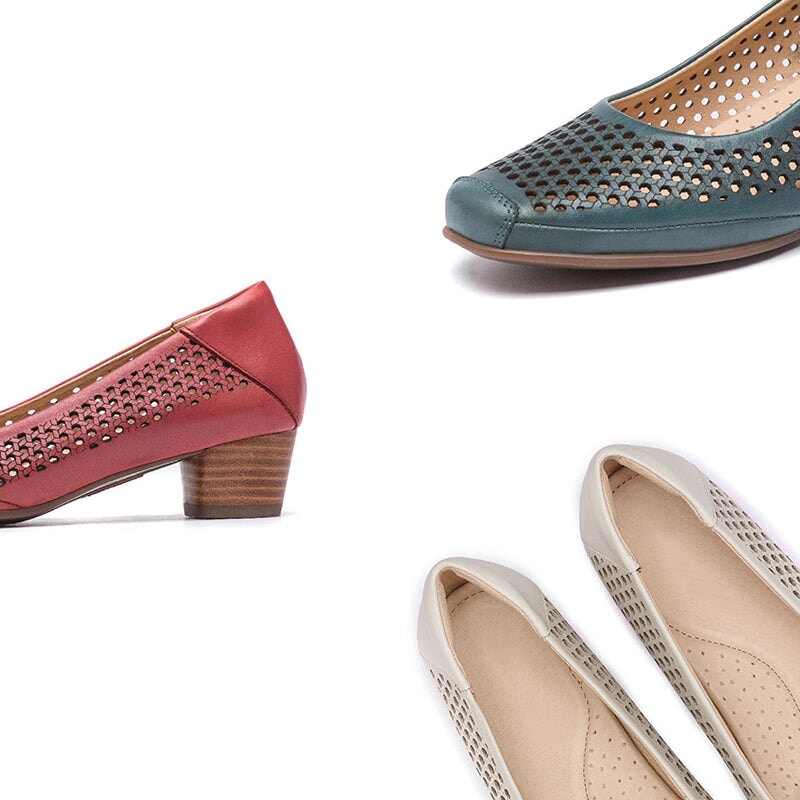 Handgemaakte leren pumps met vierkante neus en 4 cm blokhak in beige/groen/rood, modieuze stijl.