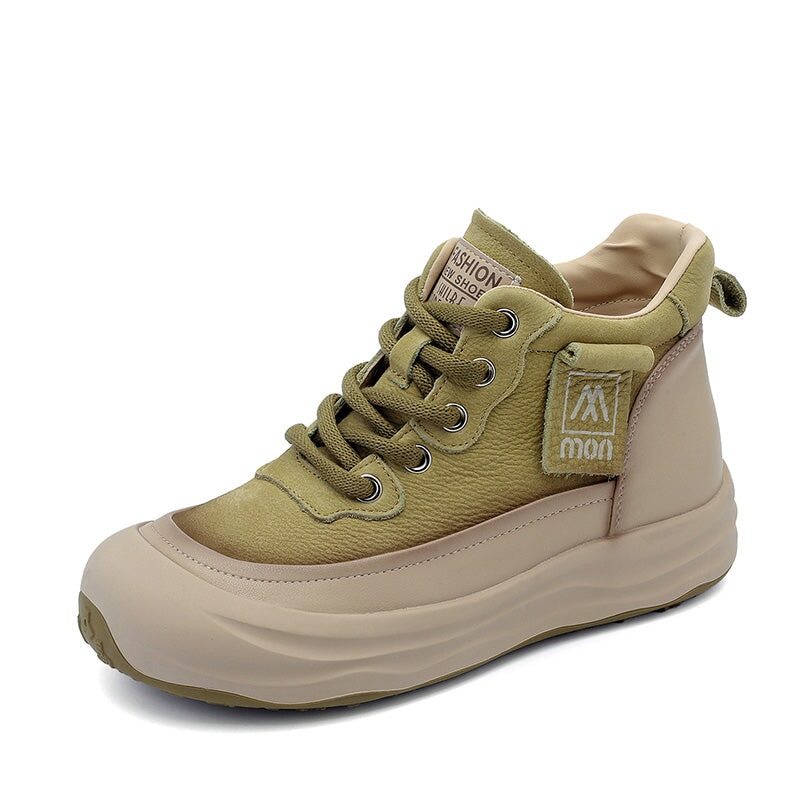 Trendige Damen-Sneaker aus Leder mit hohem Schaft, Plateau, Schn&uuml;rung, Freizeitschuhe in Beige/Khaki/Gr&uuml;n/Rot