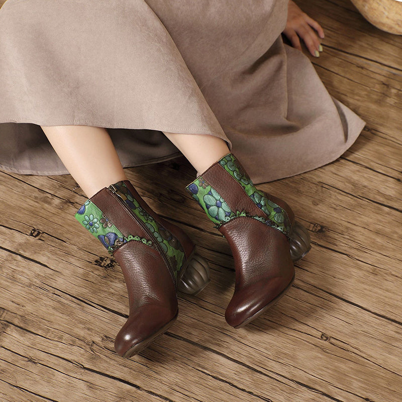 Vintage Cow Leather Ankle Boots for Women Floral Side Zip 50mm Heel Boots in Black/Coffee