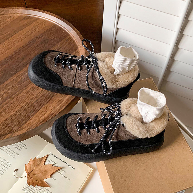 Tweekleurige su&egrave;de leren platform Oxford schoenen met vetersluiting, winterse casual sneeuwschoenen in koffie/khaki