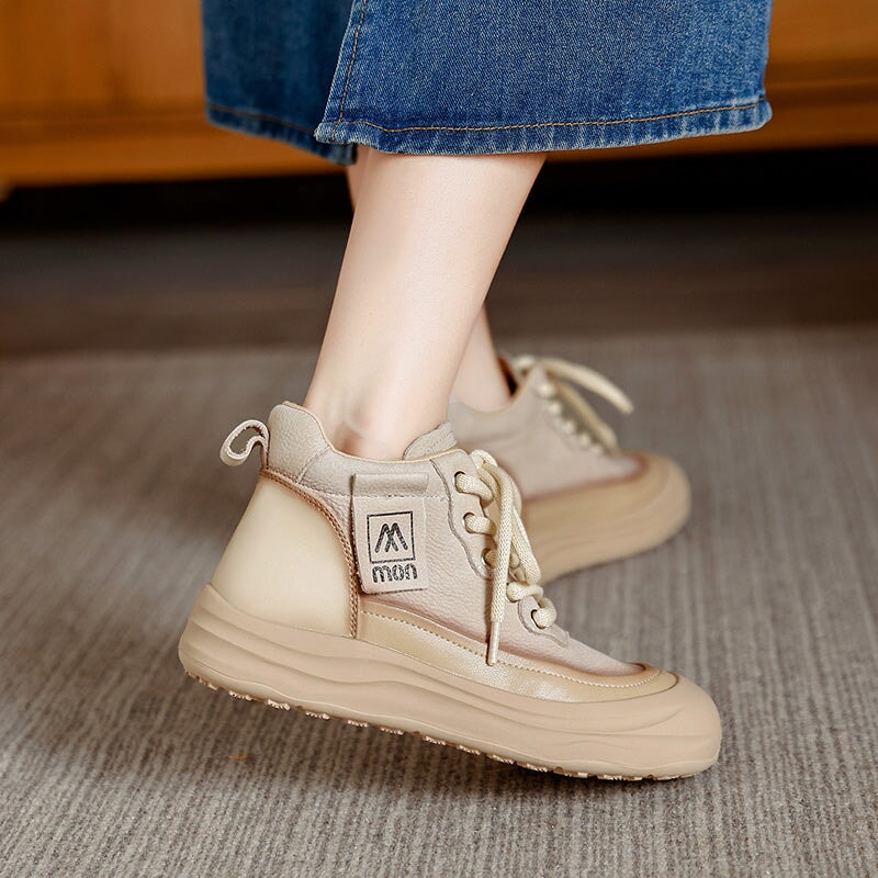 Trendige Damen-Sneaker aus Leder mit hohem Schaft, Plateau, Schn&uuml;rung, Freizeitschuhe in Beige/Khaki/Gr&uuml;n/Rot