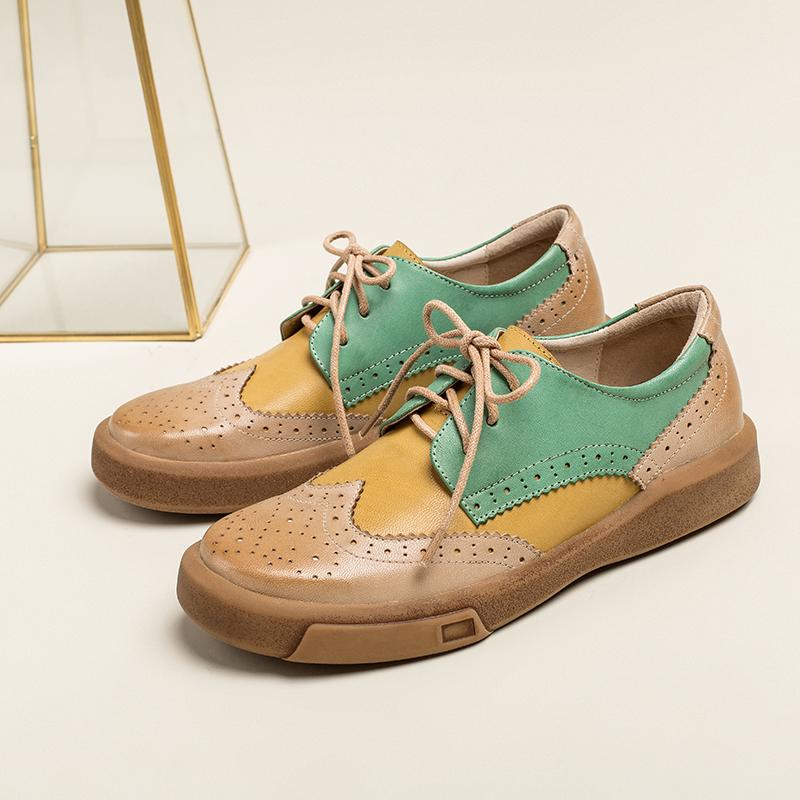 Damskie buty typu Wingtip, ręcznie robione, z owczej sk&oacute;ry, pełne brogsy, oksfordy i płaskie buty z krawatem, eleganckie