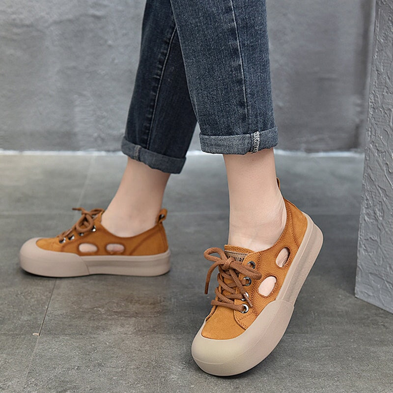 Leder-Sneaker f&uuml;r Damen, niedrig geschnitten, mit Schn&uuml;rung und Cut-Outs in Gelb/Rot/Beige