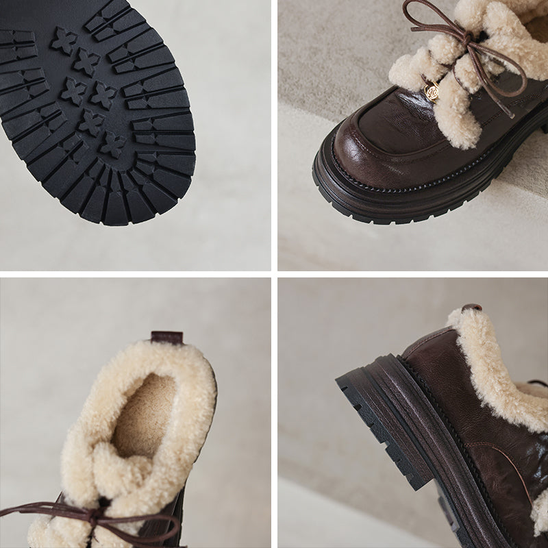 Winterse platform Oxford schoenen met ruige details, vetersluiting, casual schoenen van schapenvachtleer in zwart/bruin.