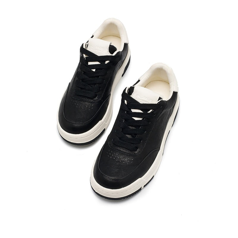 Colorblock lage leren sneakers met vetersluiting en ronde neus, casual sportieve schoenen in zwart/wit
