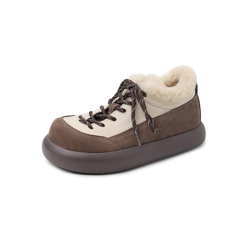 Tweekleurige su&egrave;de leren platform Oxford schoenen met vetersluiting, winterse casual sneeuwschoenen in koffie/khaki