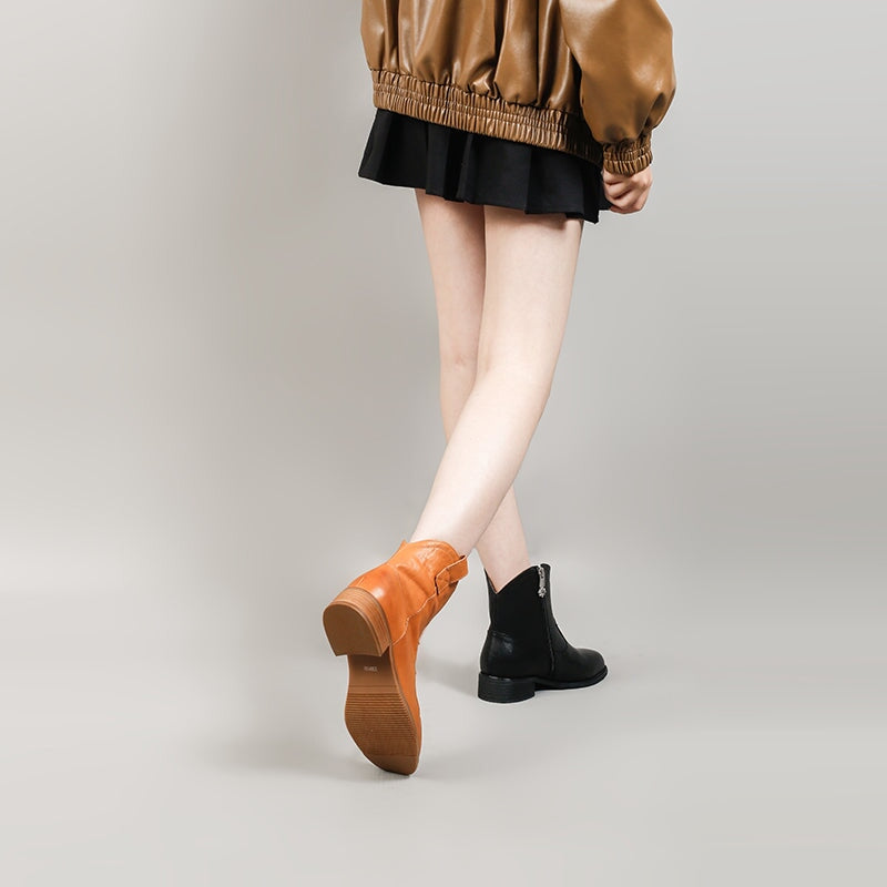 Bottes Martin en cuir, style western r&eacute;tro &agrave; semelle &eacute;paisse, coloris caf&eacute;/noir/jaune