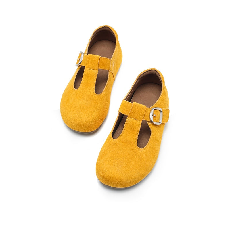 Handgefertigte Mary-Jane-Ballerinas aus Rindsveloursleder mit T-Riemen in Rosa/Gelb/Aprikose