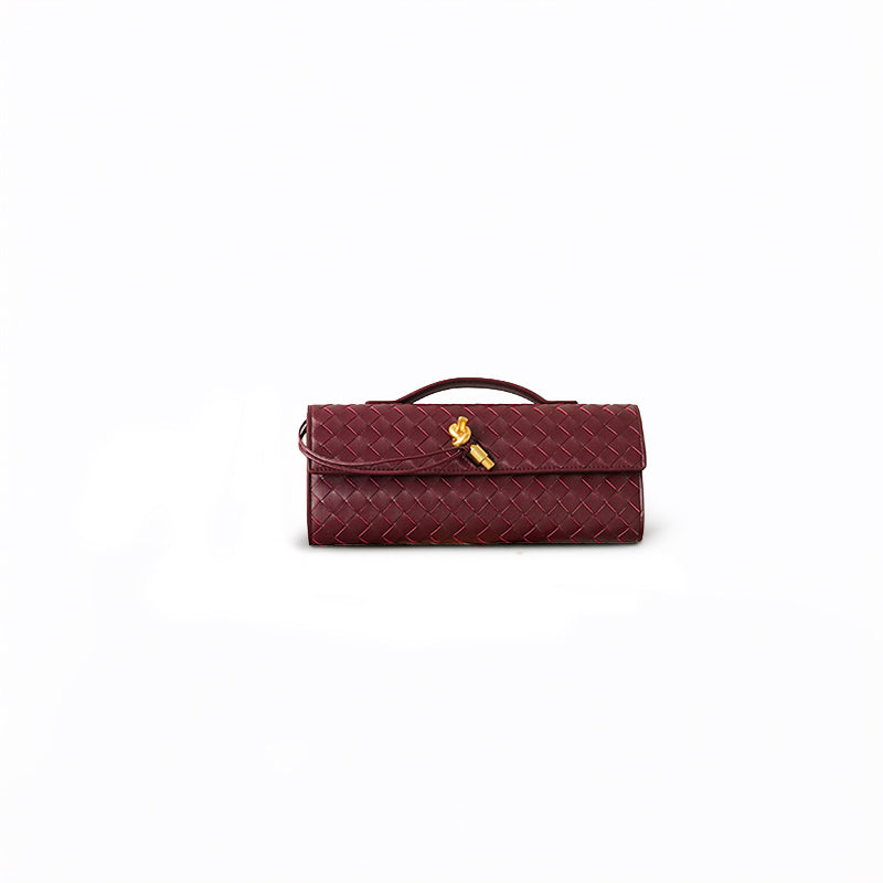 Bolso de noche de piel tejida, bolso de mano de piel de vaca hecho a mano, en negro y rojo vino.