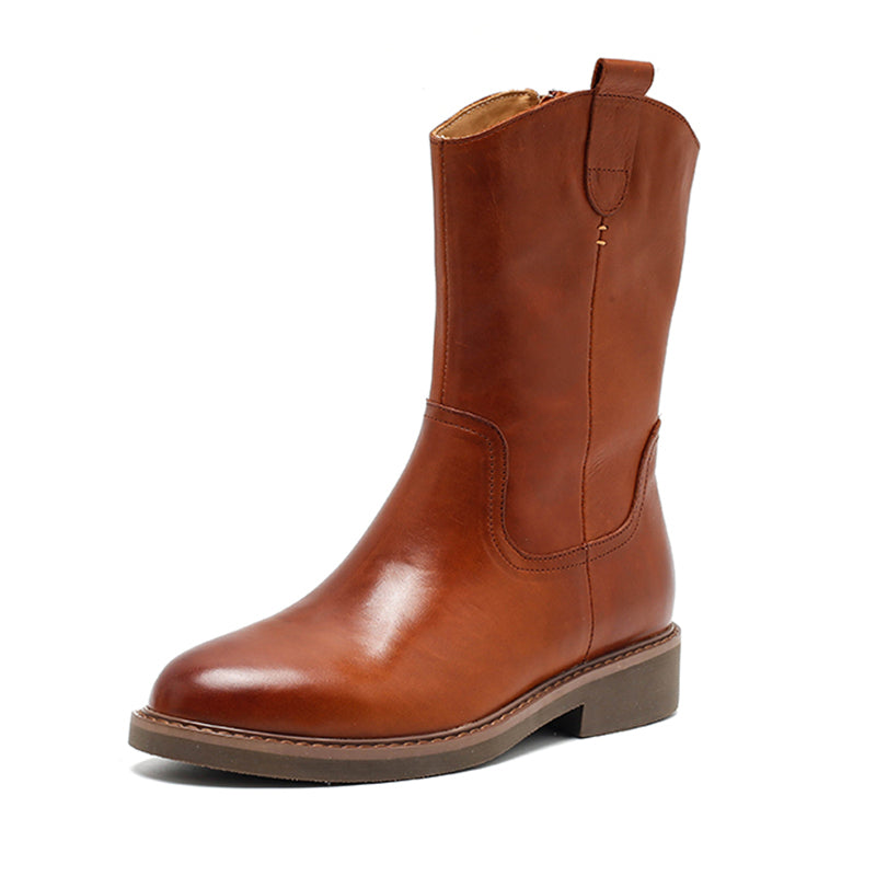 Retro westernlaarzen voor dames, tot halverwege de kuit, van gewaxt leer, casual laarzen in zwart/bruin/donkerbruin.