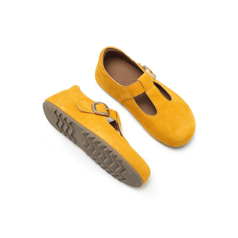 Handgefertigte Mary-Jane-Ballerinas aus Rindsveloursleder mit T-Riemen in Rosa/Gelb/Aprikose