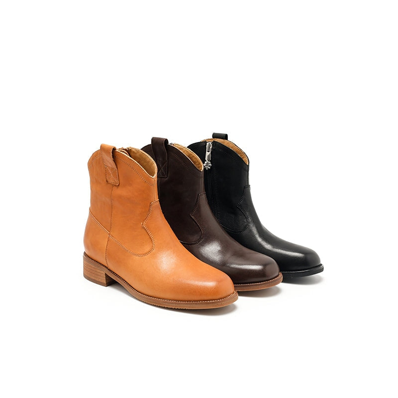 Bottes Martin en cuir, style western r&eacute;tro &agrave; semelle &eacute;paisse, coloris caf&eacute;/noir/jaune