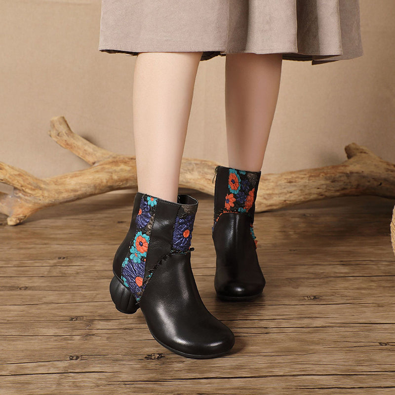 Vintage Cow Leather Ankle Boots for Women Floral Side Zip 50mm Heel Boots in Black/Coffee
