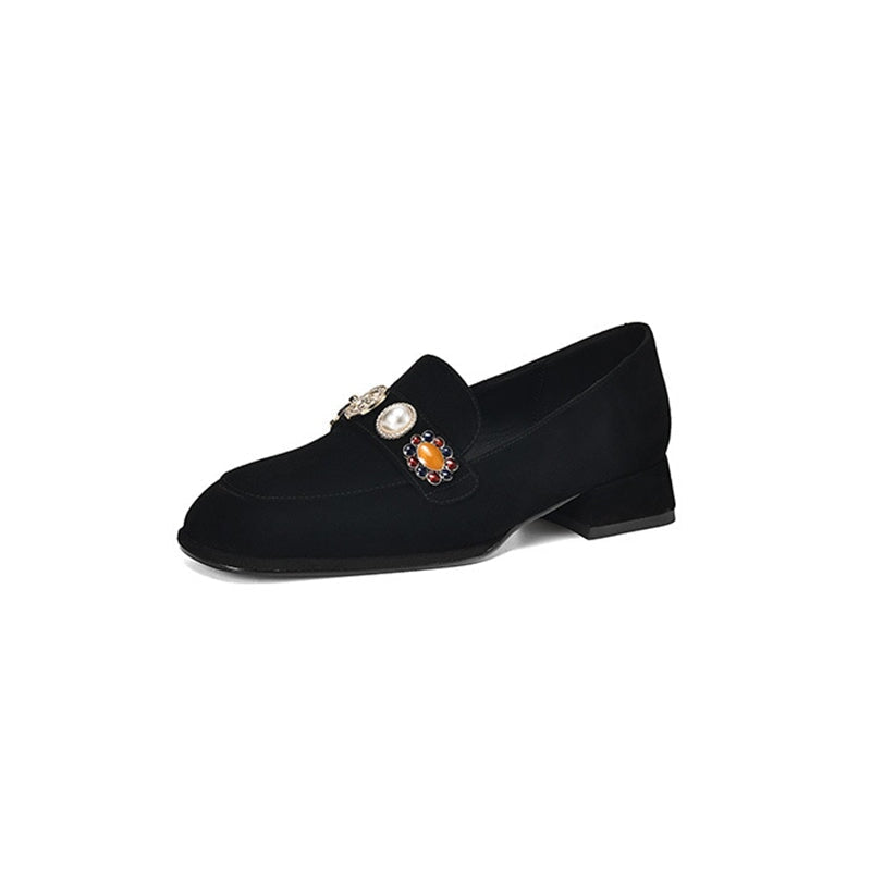 Mocasines de ante para mujer con detalles de perlas y punta redonda en marr&oacute;n/negro