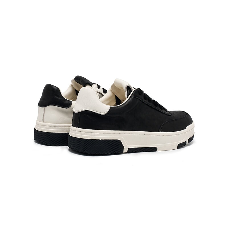 Colorblock lage leren sneakers met vetersluiting en ronde neus, casual sportieve schoenen in zwart/wit