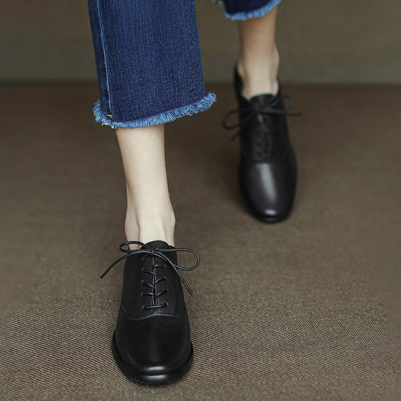 Runde, weiche Oxford-Schuhe, Schn&uuml;rschuhe aus Leder, Derby-Schuhe f&uuml;r Damen in Schwarz/Braun