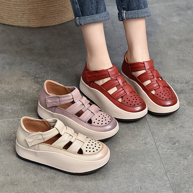 Leder-Plateau-Sneaker mit Klettverschluss und Perforation f&uuml;r Damen in Beige/Lila/Rot