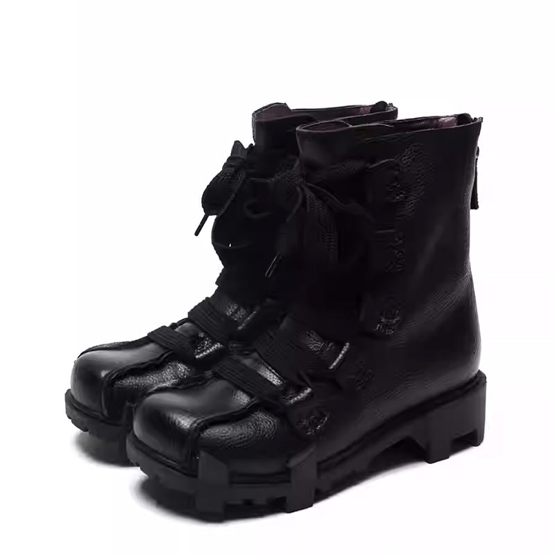 Handgemaakte leren winterlaarzen voor dames met ritssluiting aan de achterkant in zwart/geel/rood, op maat gemaakt in diverse kleuren.