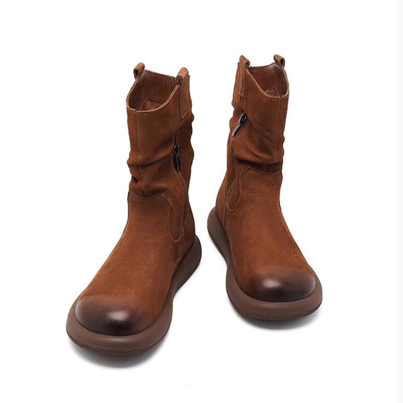 Bottes western mi-mollet en cuir marron/noir pour femme - Bout rond - Talon de 30 mm