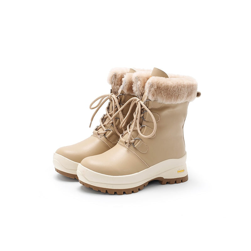 Dames leren chunky laarzen met schapenvachtvoering in abrikoos/beige