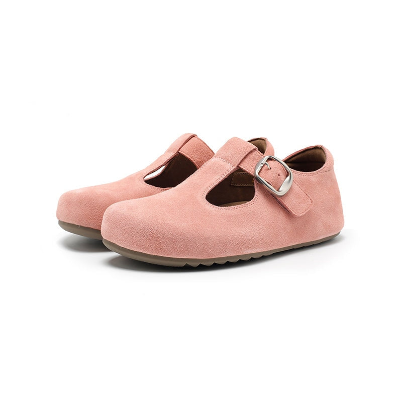 Handgefertigte Mary-Jane-Ballerinas aus Rindsveloursleder mit T-Riemen in Rosa/Gelb/Aprikose