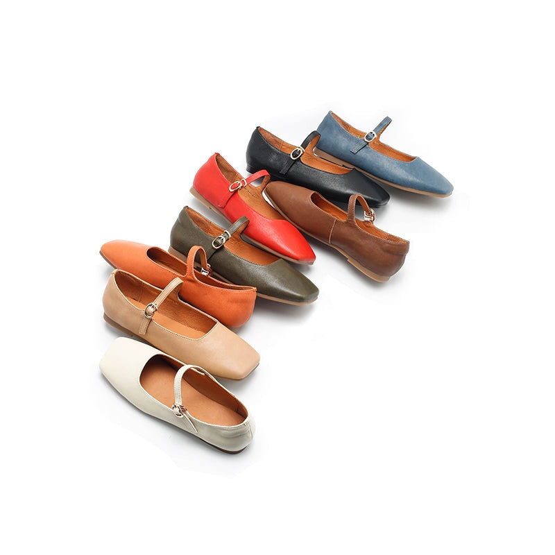 Michaela Mary Jane ballerina's voor dames van schapenvacht in de kleuren groen/khaki/blauw/abrikoos/rood/oranje/beige/zwart.