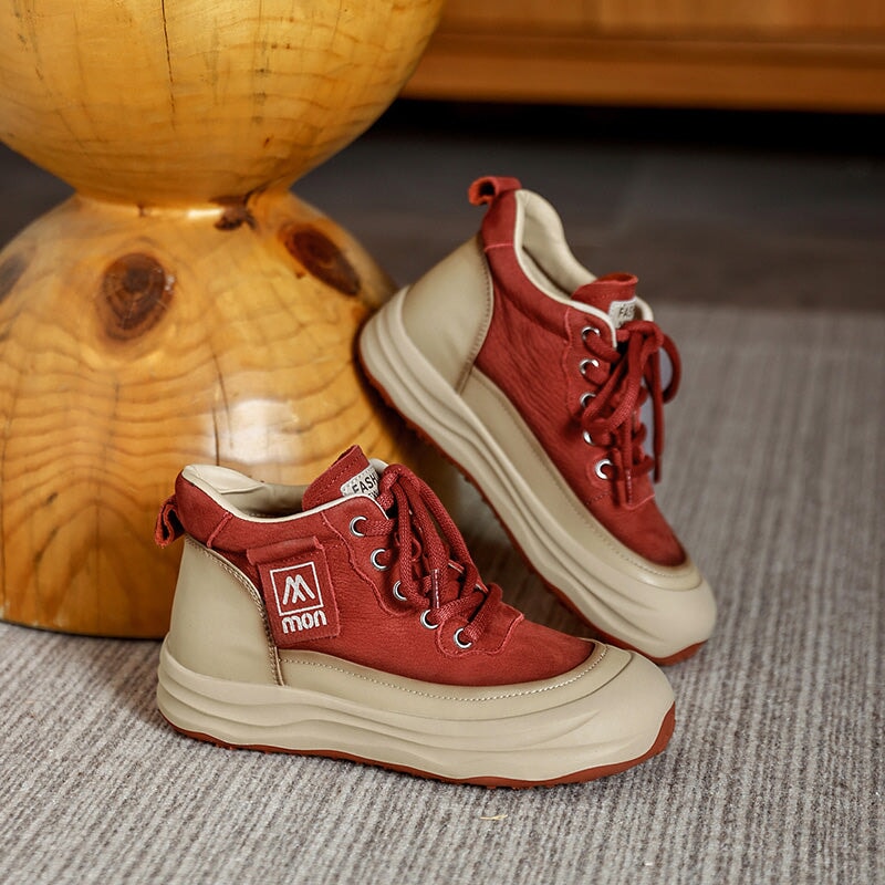 Trendige Damen-Sneaker aus Leder mit hohem Schaft, Plateau, Schn&uuml;rung, Freizeitschuhe in Beige/Khaki/Gr&uuml;n/Rot