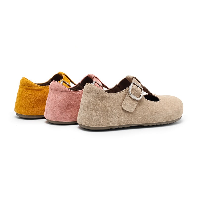 Handgefertigte Mary-Jane-Ballerinas aus Rindsveloursleder mit T-Riemen in Rosa/Gelb/Aprikose