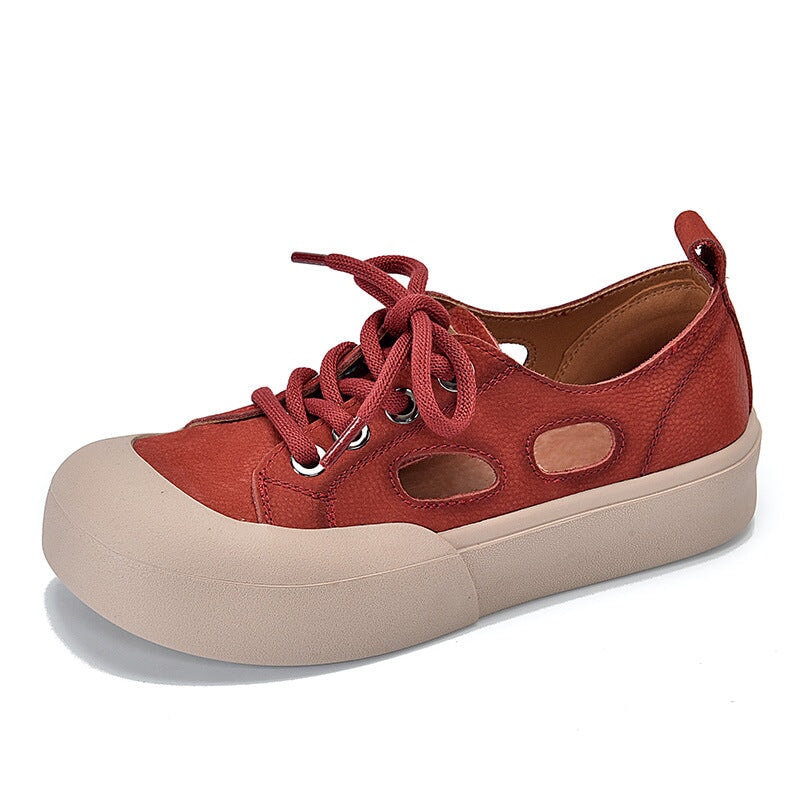 Leder-Sneaker f&uuml;r Damen, niedrig geschnitten, mit Schn&uuml;rung und Cut-Outs in Gelb/Rot/Beige