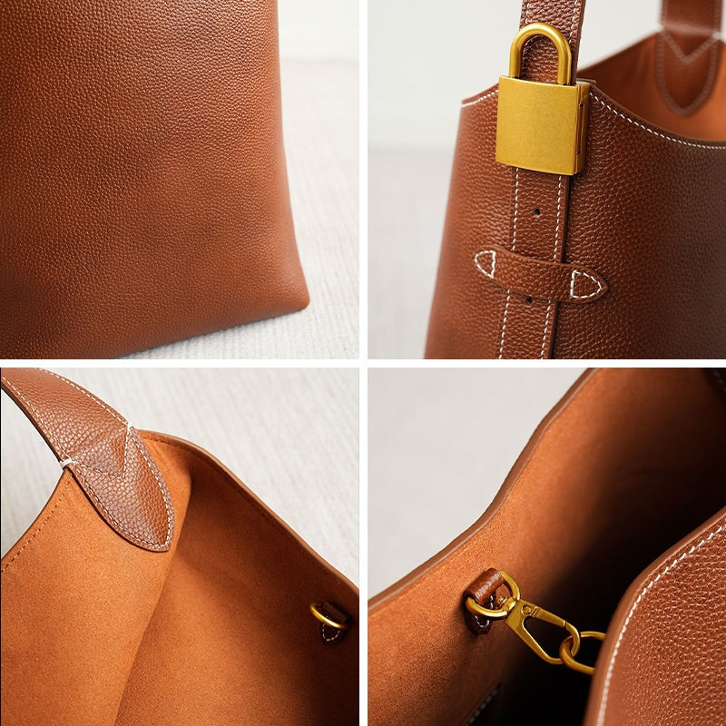 Braune Leder-Beuteltasche, ger&auml;umig, l&auml;ssige Pendler-Schultertasche