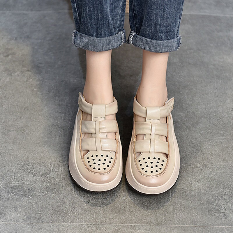 Leder-Plateau-Sneaker mit Klettverschluss und Perforation f&uuml;r Damen in Beige/Lila/Rot