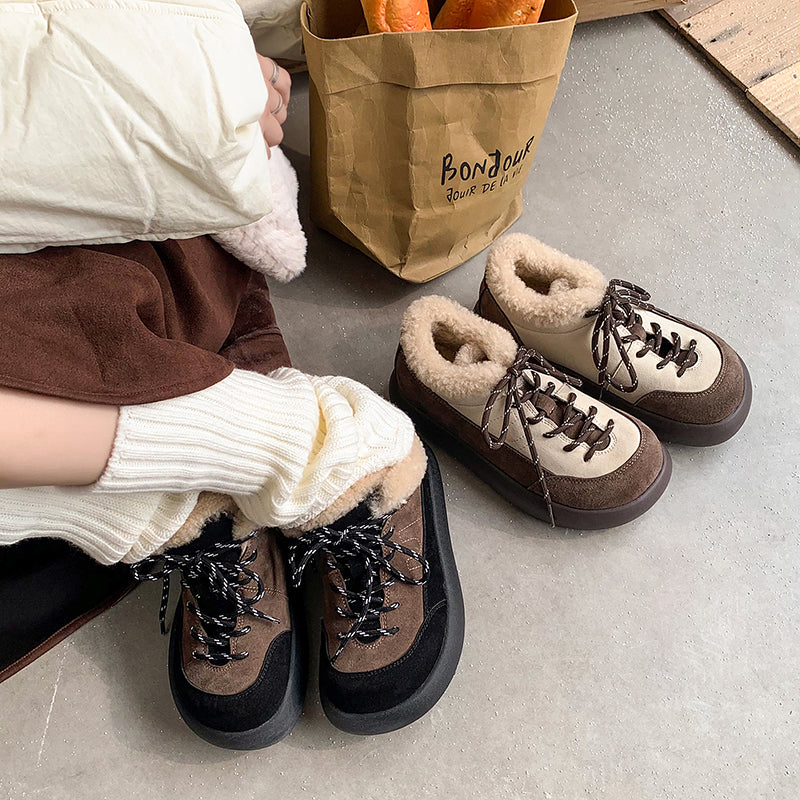 Tweekleurige su&egrave;de leren platform Oxford schoenen met vetersluiting, winterse casual sneeuwschoenen in koffie/khaki