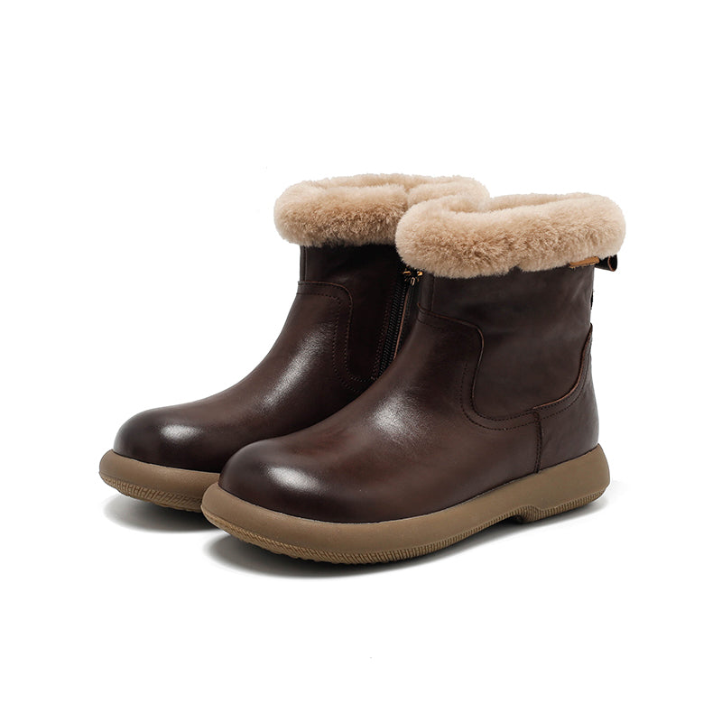 Dames winterlaarzen van leer met schapenvachtvoering, korte sneeuwlaarzen met ritssluiting aan de zijkant in koffiebruin/zwart/bruin