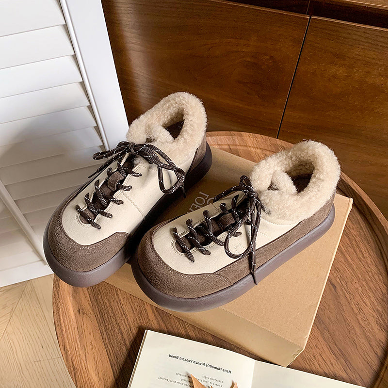 Tweekleurige su&egrave;de leren platform Oxford schoenen met vetersluiting, winterse casual sneeuwschoenen in koffie/khaki