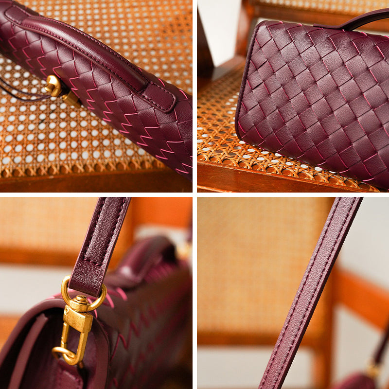 Bolso de noche de piel tejida, bolso de mano de piel de vaca hecho a mano, en negro y rojo vino.