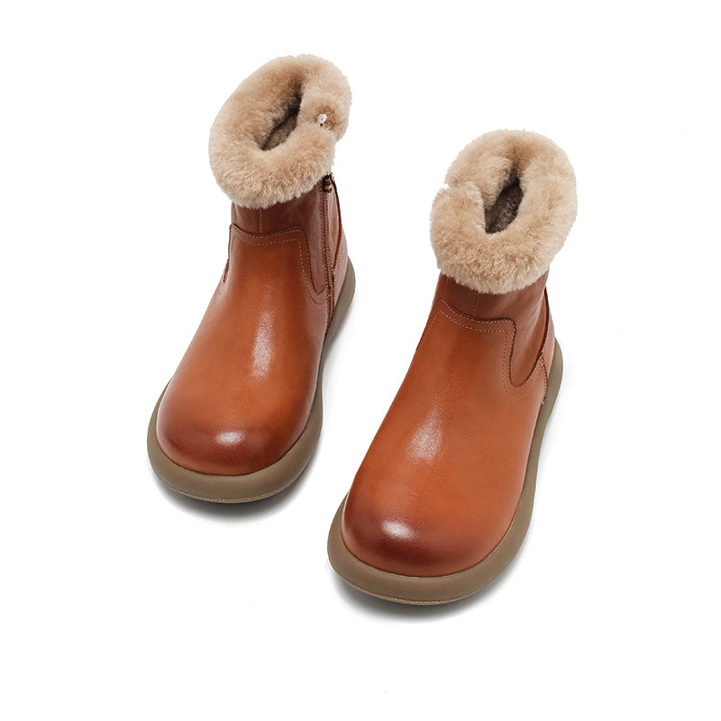 Dames winterlaarzen van leer met schapenvachtvoering, korte sneeuwlaarzen met ritssluiting aan de zijkant in koffiebruin/zwart/bruin