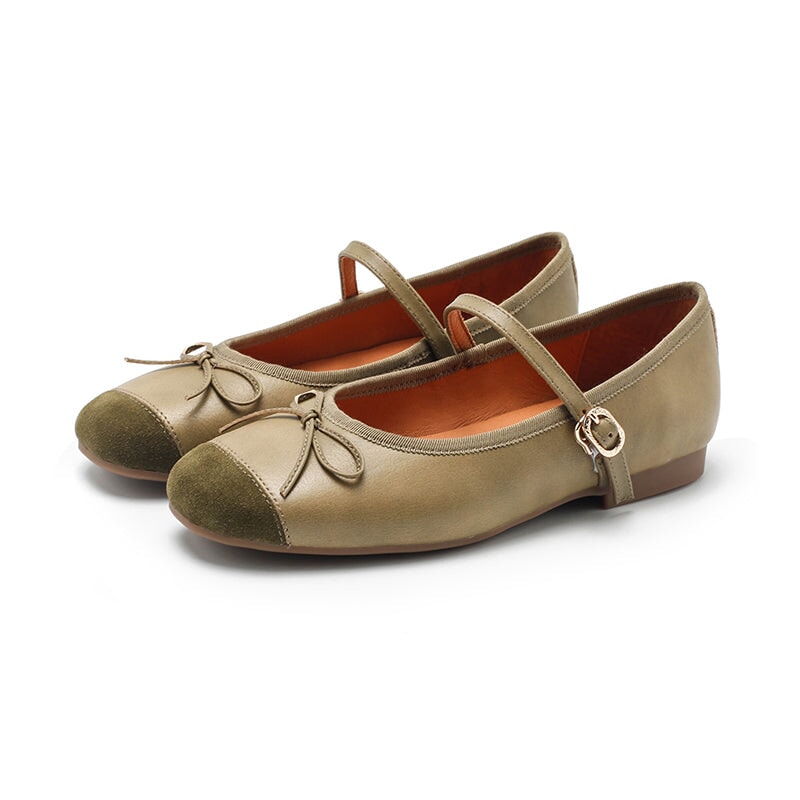 Zapatos planos Michaela Mary Jane de piel de oveja hechos a mano para mujer en color caqui, verde, albaricoque y negro.