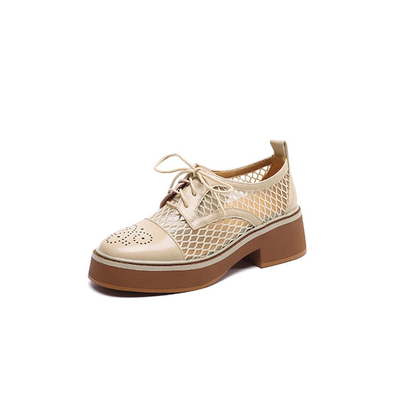 Damen-Plateau-Oxford-Schuhe aus Leder f&uuml;r den Sommer mit Mesh-Eins&auml;tzen in Braun/Wei&szlig;