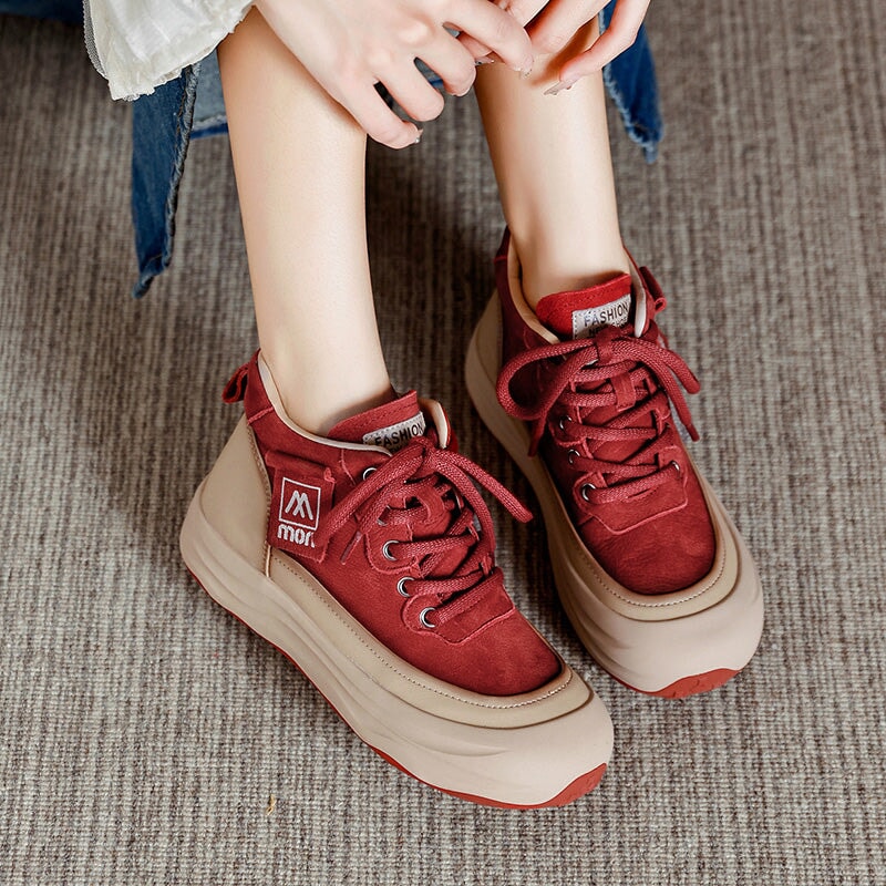 Trendige Damen-Sneaker aus Leder mit hohem Schaft, Plateau, Schn&uuml;rung, Freizeitschuhe in Beige/Khaki/Gr&uuml;n/Rot
