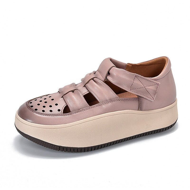 Leder-Plateau-Sneaker mit Klettverschluss und Perforation f&uuml;r Damen in Beige/Lila/Rot