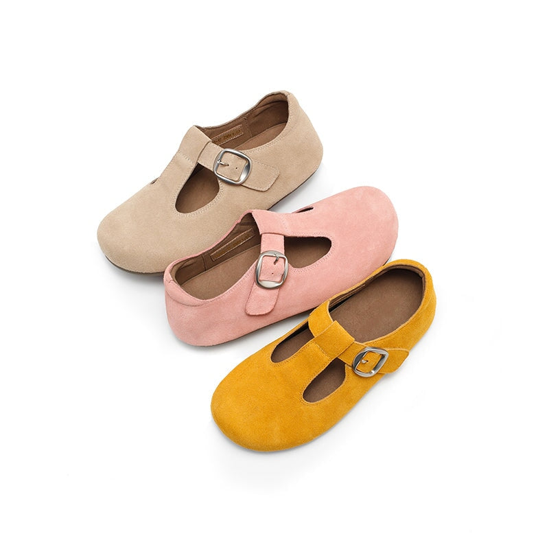 Handgefertigte Mary-Jane-Ballerinas aus Rindsveloursleder mit T-Riemen in Rosa/Gelb/Aprikose