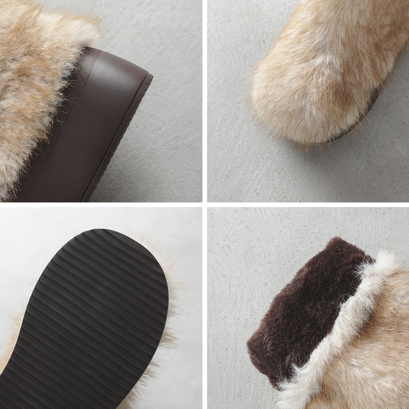 Harige kniehoge platform snowboots van imitatiebont (80 mm) in de kleuren koffie/grijs/zwart.