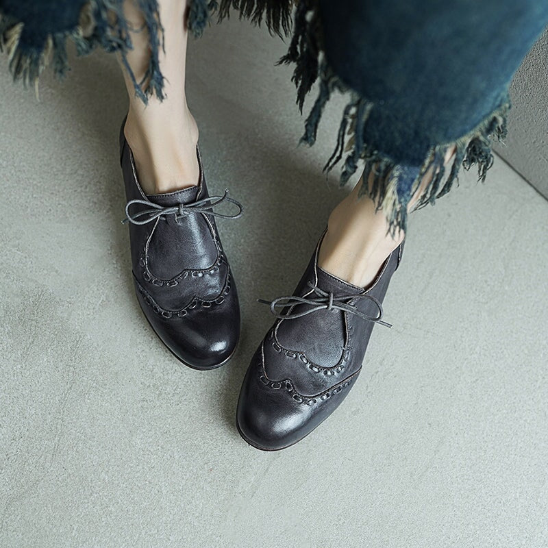 Britse stijl veterschoenen in brogue-stijl | Ronde neus, gewassen paardenleer, zwart/bruin/grijs