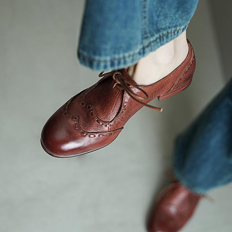 Britse stijl veterschoenen in brogue-stijl | Ronde neus, gewassen paardenleer, zwart/bruin/grijs