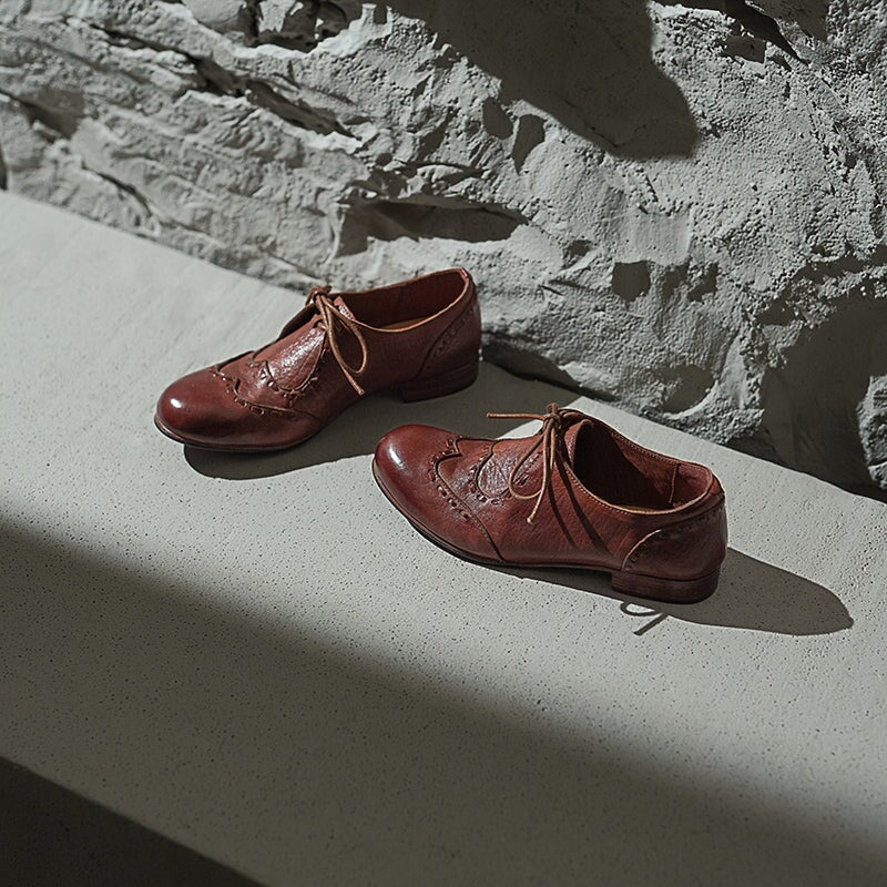 Britse stijl veterschoenen in brogue-stijl | Ronde neus, gewassen paardenleer, zwart/bruin/grijs