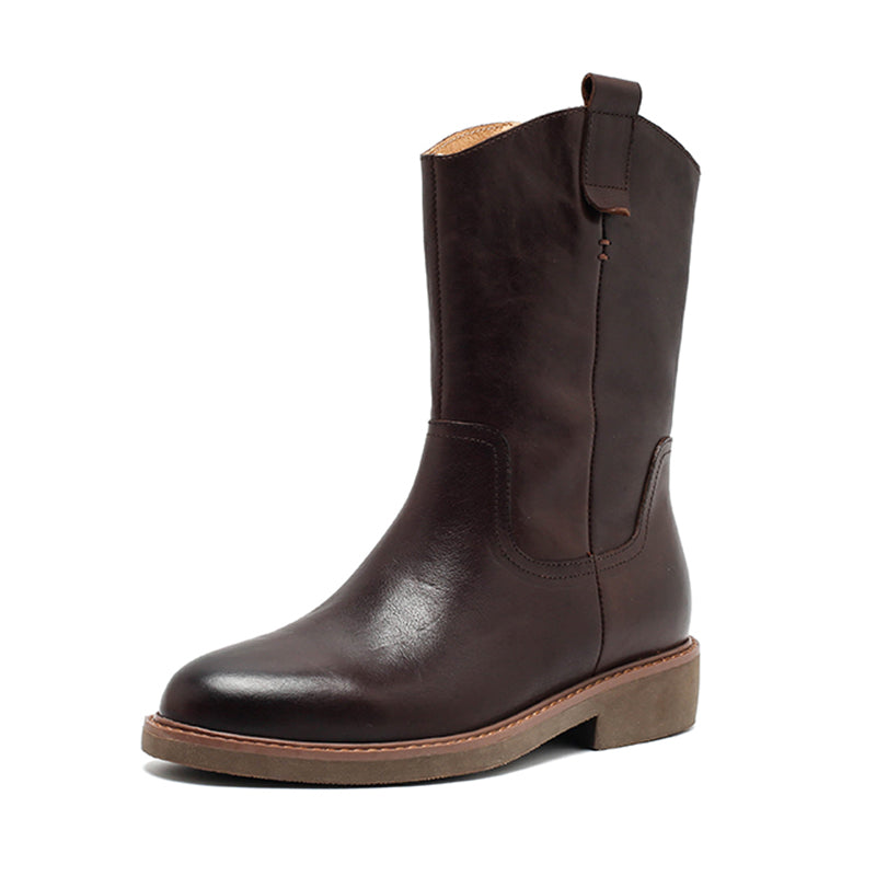 Retro westernlaarzen voor dames, tot halverwege de kuit, van gewaxt leer, casual laarzen in zwart/bruin/donkerbruin.