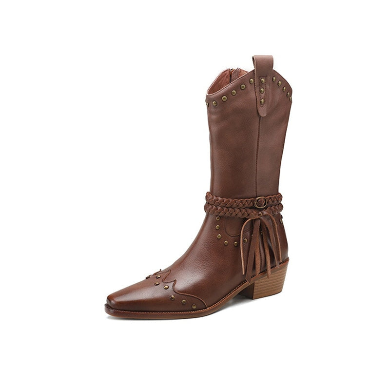 Vintage leren westernlaarzen voor dames met klinknagels en kwastjes in zwart/abrikoos/bruin.