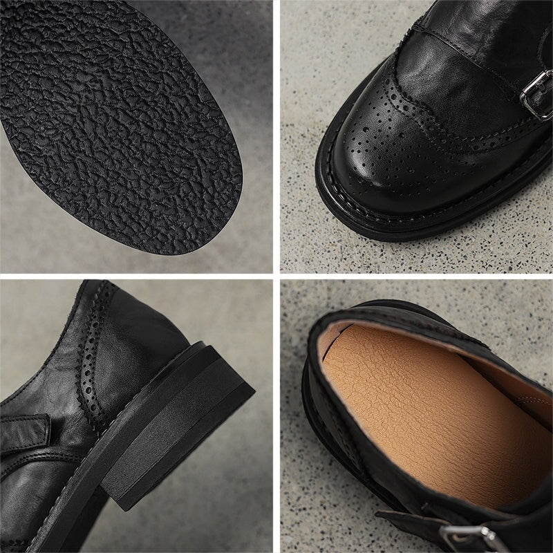Handgefertigte Brogue-Loafer aus Leder mit doppeltem Riemen f&uuml;r Damen in Braun/Schwarz